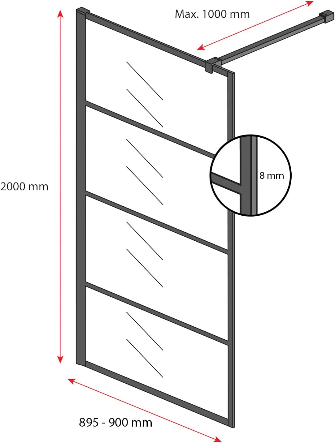 Douchewand – Doucheafscheiding – Douchepaneel – Inloopdouche Wand – Zwart Aluminium Profiel – 90 x 200 cm – 8 mm Gehard Veiligheidsglas – Nano Coating Tegen Kalk
