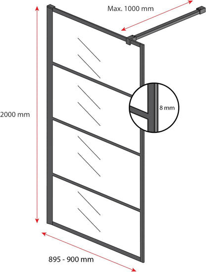 Douchewand – Doucheafscheiding – Douchepaneel – Inloopdouche Wand – Zwart Aluminium Profiel – 90 x 200 cm – 8 mm Gehard Veiligheidsglas – Nano Coating Tegen Kalk