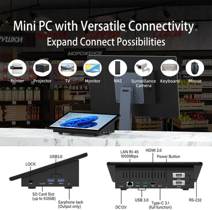 Mini PC Computer Mini Desktop PC 10.1 Inch Win 11 N5095, Mini-pc met Touchscreen, 8GB RAM, 128GB eMMC, 5000mAh batterij, Dual 4K Display Output, HDMI/WiFi5/BT5.0, Dual Rs232