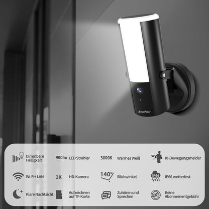 SecuFirst Beveiligingscamera's met Wandlamp, Video Camera Beveiliging met Bewegingssensor Buiten, Security Bedraad Buitenlicht,900 lm, 10 W, 2K buitenbewaking met LED-spotlight, set van 2