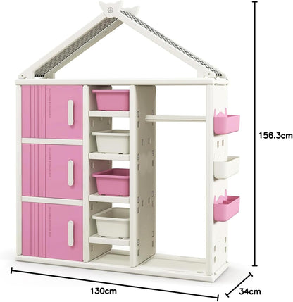 FANTASK Kinderrek in huisvorm, kindergarderobe met planken, zijmanden en 4 opbergdozen, kinderkledingkast voor kinderkamer (roze)