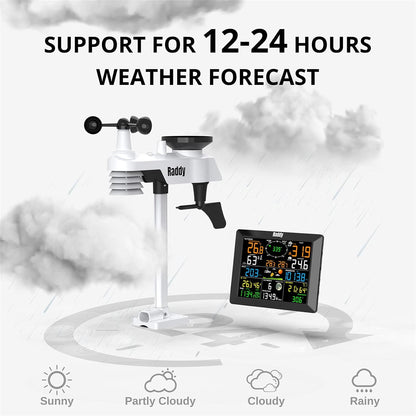 Raddy WF-100C Weerstation met buitensensor radio, 14-in-1 wifi-binnen-buitenthermometer met 10 inch digitaal kleurendisplay, windmeter, regenmeter, zonnesensor voor thuis, kantoor, tuin