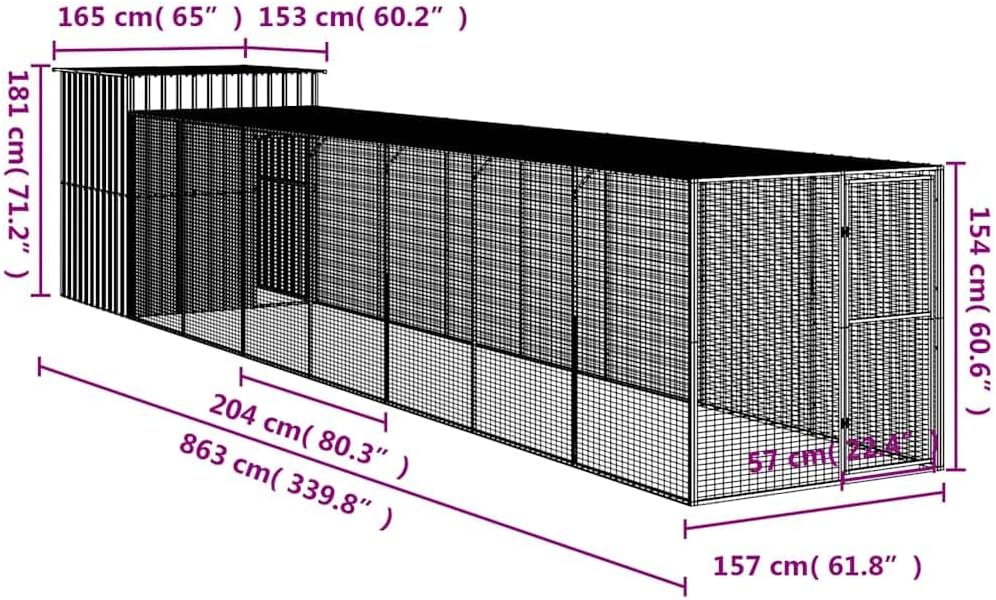 vidaXL Chicken coop with run 165x866x181cm galvanized steel gray - QUORE