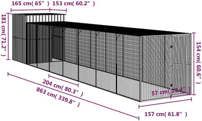 vidaXL Chicken coop with run 165x866x181cm galvanized steel gray - QUORE
