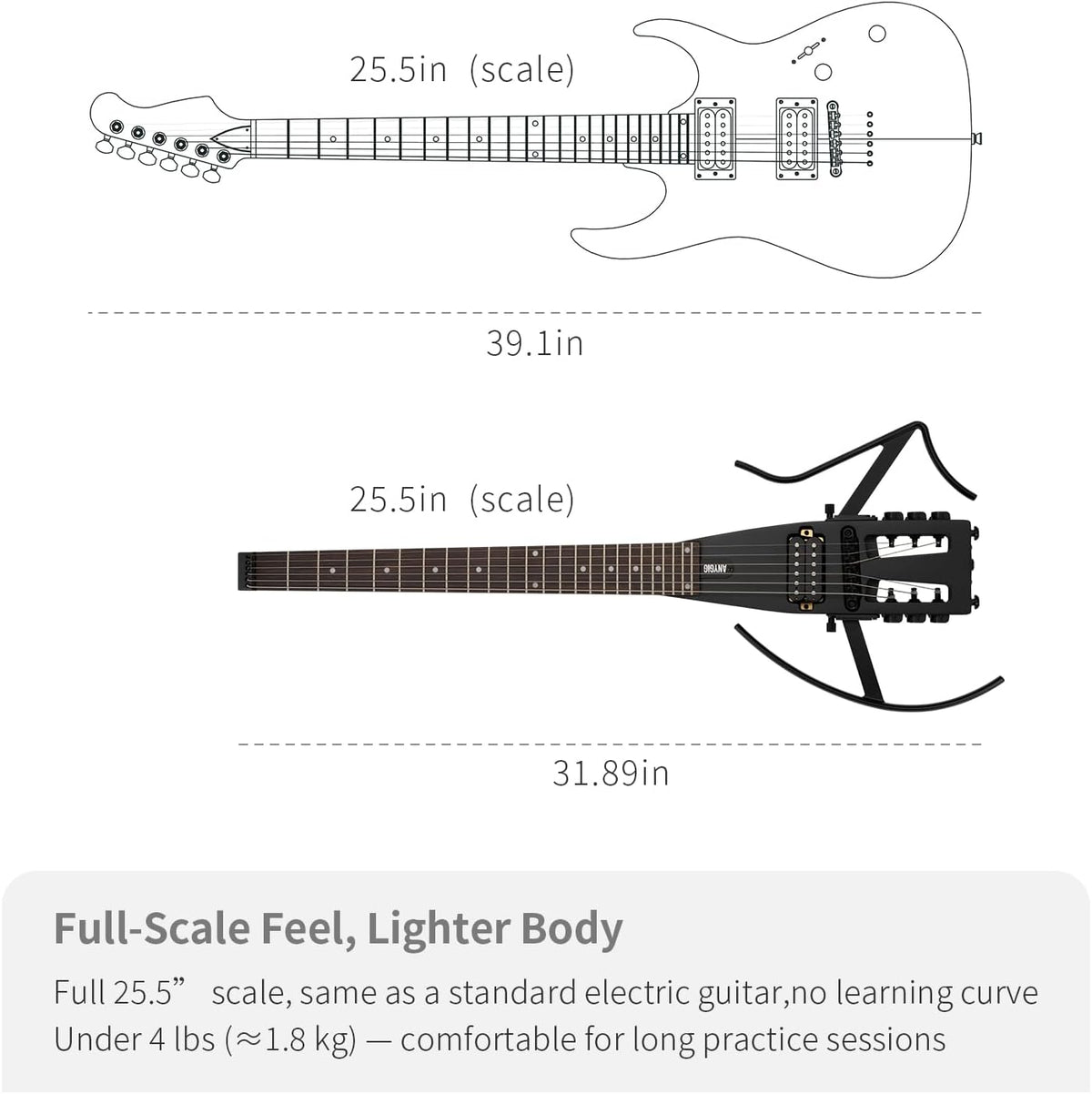 Anygig Reis-elektrische gitaar, ultralicht headless-design met 64 cm palissander-toets, compacte solidbody-oefengitaar met afneembare arm- en beensteunen, zwart