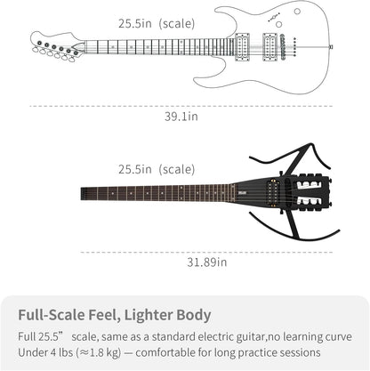 Anygig Reis-elektrische gitaar, ultralicht headless-design met 64 cm palissander-toets, compacte solidbody-oefengitaar met afneembare arm- en beensteunen, zwart