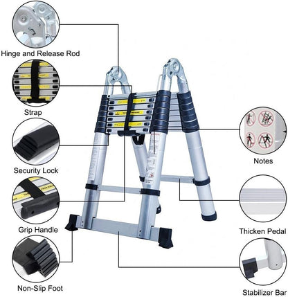MEYKEY Inklapbare telescopische ladder, multifunctionele ladder, uittrekbare draagbare ladder, maximale draagkracht 150 kg, zilver