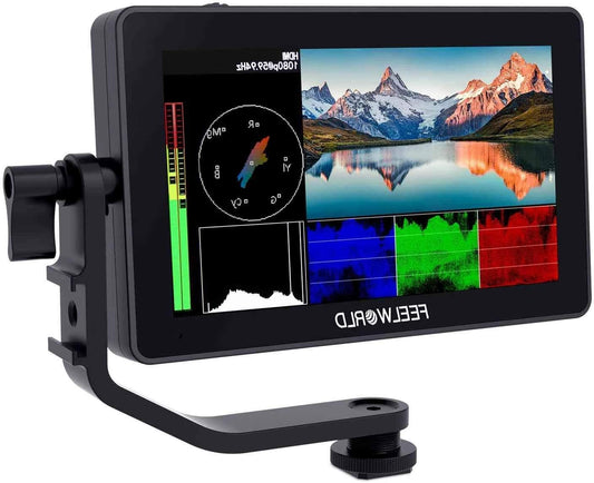 FEELWORLD F6 Plus 6 inch DSLR on Camera Field Monitor Touch Screen 3D Lut Full HD Support 1920x1080 IPS 4K HDMI Video Assist 8.4V DC Input Output Including Tilt Arm - QUORE