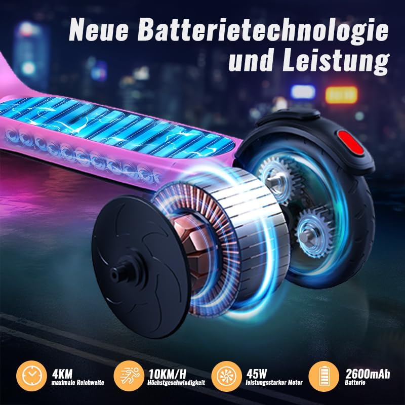 TST E-step voor kinderen van 6 tot 10 jaar, 5,3 inch (13,5 cm) met knipperende ledlampen en 3 instelbare hoogtes, 45 W motor, max. 10 km/u, maximale belasting 70 kg, elektrische step