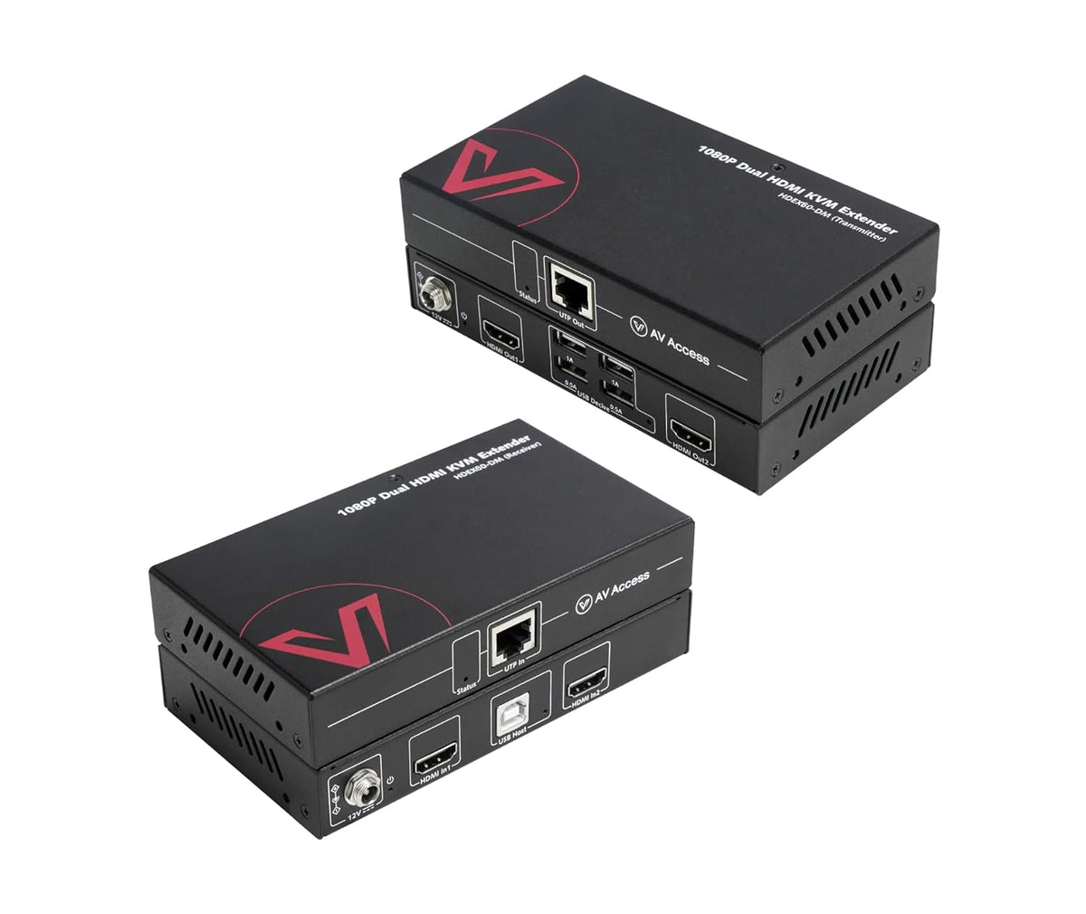 AV Access HDMI KVM Extender LAN Ethernet RJ45 2 Monitor Over Cat5e/6/6a/7 Cable bis zu1080p@60Hz 60m, Zero Latency Extended Dual View, 4 USB 2.0 Ports für Tastatur/Maus, HDCP 1.4, PoC, 1 in 2 Out