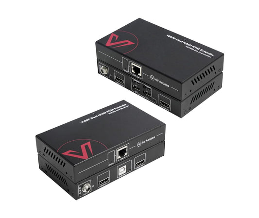 AV Access HDMI KVM Extender LAN Ethernet RJ45 2 Monitor Over Cat5e/6/6a/7 Cable bis zu1080p@60Hz 60m, Zero Latency Extended Dual View, 4 USB 2.0 Ports für Tastatur/Maus, HDCP 1.4, PoC, 1 in 2 Out