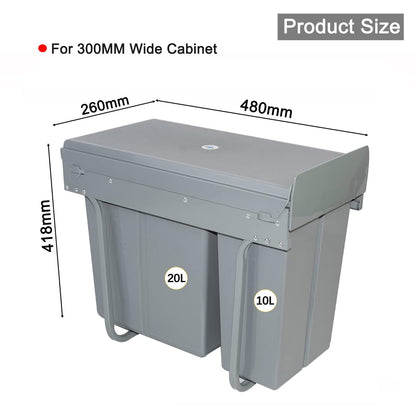 Nisorpa Trek Keuken Afvalbak 10L + 20L Recycling Keuken Kast Kast Vuilnisbakken Afvalcontainers Sluit Vuilnisbak met twee compartimenten voor Afval Sorteren 480x260x418mm Grijs
