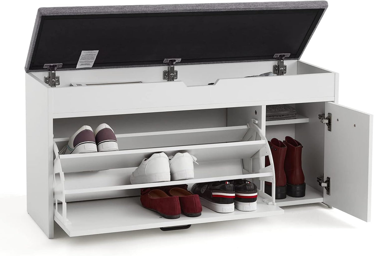 Meerveil Shoe Bench with Seat, Shoe Bench with Storage Space and Folding Drawer, Wooden Industrial Style for Hallway, 100 x 52 x 30 cm (W x H x D), White - QUORE