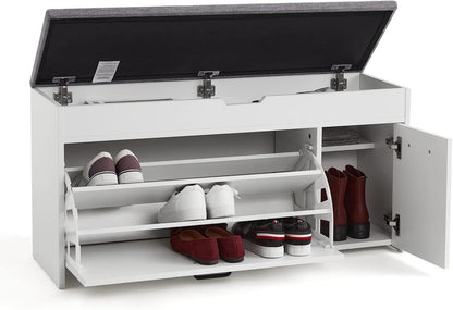 Meerveil Shoe Bench with Seat, Shoe Bench with Storage Space and Folding Drawer, Wooden Industrial Style for Hallway, 100 x 52 x 30 cm (W x H x D), White - QUORE