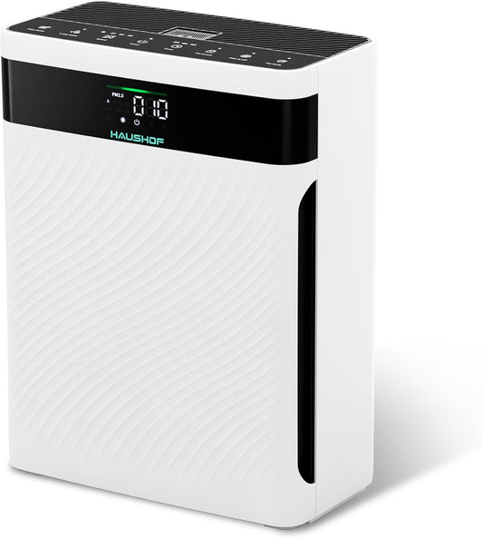 HAUSHOF Luchtreiniger voor mensen met een allergie met HEPA luchtfilter verwijdert 99,97% deeltjes zoals stof, pollen, dierenharen, CADR 250 m³/h, PM2.5 led-display, 30dB slaapmodus, aromatherapie