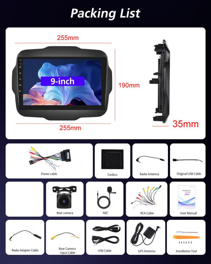 NHOPEEW 8 Core 4+64G autoradio voor Jeep Renegade 2016 2017 2018 2019 2020-9 inch radio-ondersteuning Carplay & Android Auto 5G WiFi & GPS DSP 3D Auto Mondel Display Koelventilator +