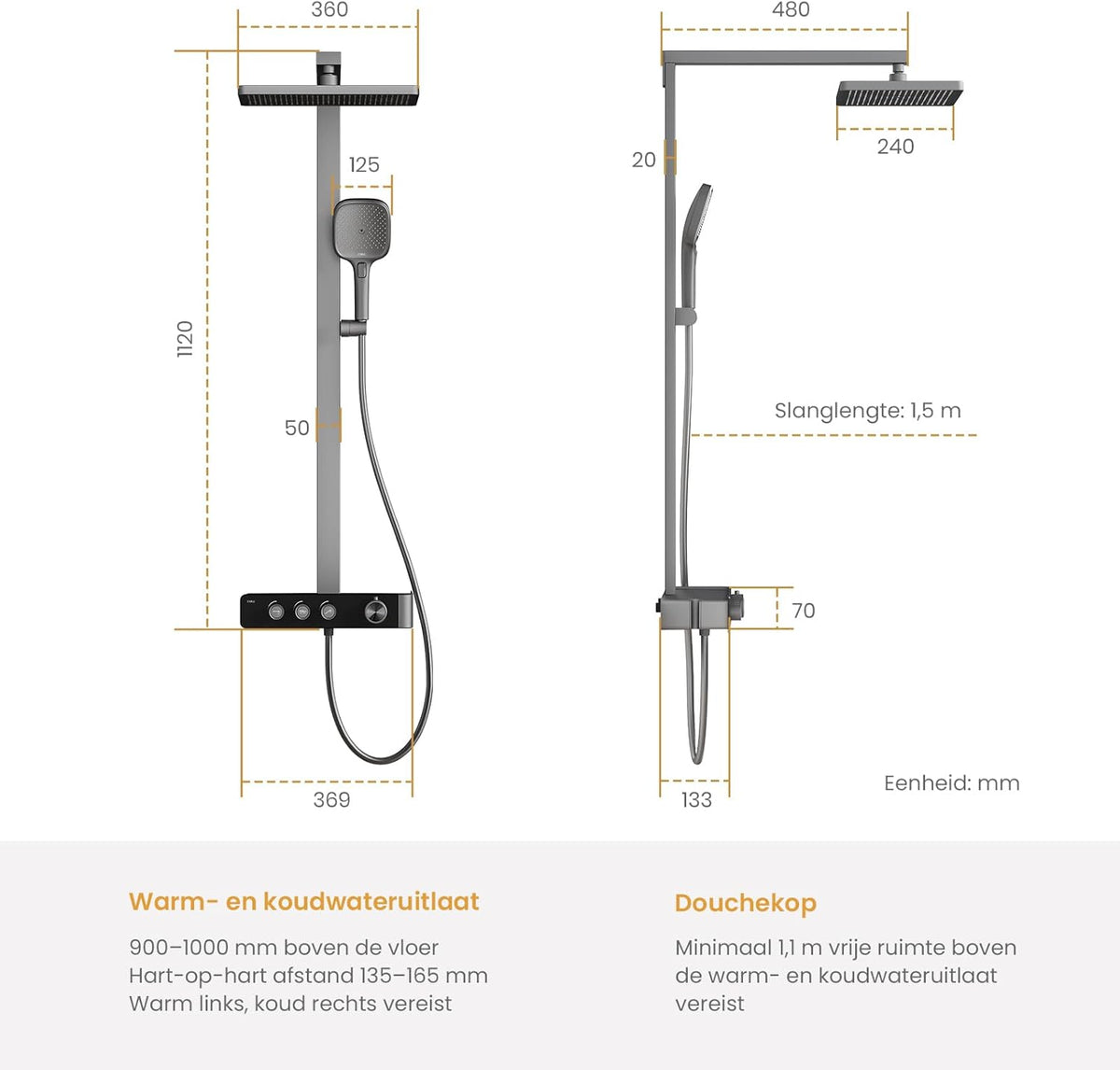 Regendouche – Doucheset – Douchekolom – Douchekraan – Handdouche – Thermostatisch – Grote 36x24 cm Regendouche – Mat Antraciet Design