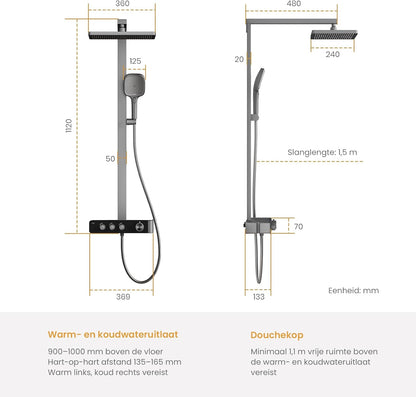 Regendouche – Doucheset – Douchekolom – Douchekraan – Handdouche – Thermostatisch – Grote 36x24 cm Regendouche – Mat Antraciet Design