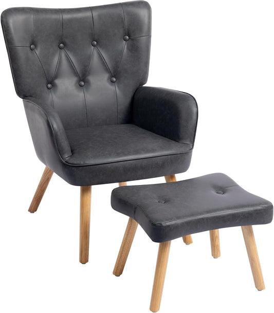 HollyHOME Comfortable Armchair with Footstool Living Room Chair Cozy Relaxing Arm Chairs PU Leather Accent Chairs Reading Chair Bedroom, Black - QUORE