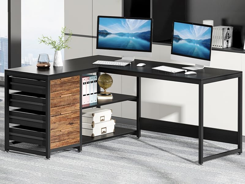 Tribesigns L-Shaped Computer Desk with Storage Drawers, 150cm Corner Desk with Shelves, Reversible L Shaped Office Desk Study Writing Desk Workstation for Home Office, Black