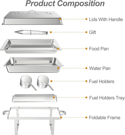 NArra 4-delig Chafing Dish Buffet Set, 9L Rechthoekige Catering Serveerplateaus van Roestvrij Staal met Voedselbak, Voedselwarmer met Opvouwbare Lijst voor Feesten, Diners, Catering, Bruiloften