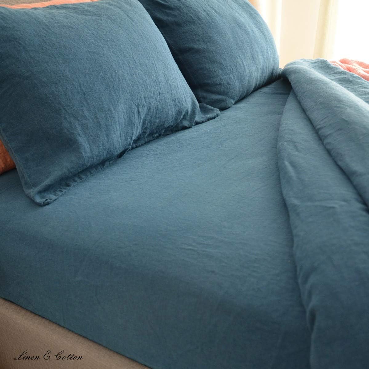 Linen & Cotton Zacht Gezellig Hoeslaken met Elastische Band Alicia - 100% Gewassen Linnen, Petrol Blauw (90 x 190 cm) Beddengoed Beddenlaken Laken Single Twin Eenpersoons Bed Hoge Matras Winter Zomer