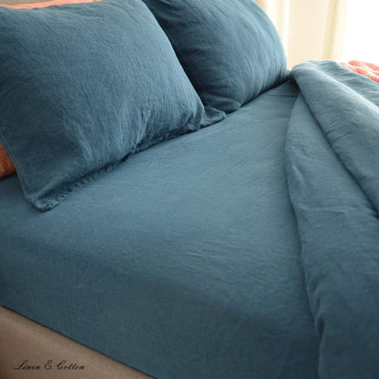 Linen & Cotton Zacht Gezellig Hoeslaken met Elastische Band Alicia - 100% Gewassen Linnen, Petrol Blauw (90 x 190 cm) Beddengoed Beddenlaken Laken Single Twin Eenpersoons Bed Hoge Matras Winter Zomer