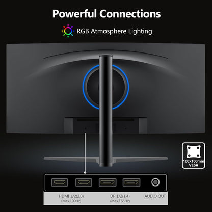 Z-Edge 34'' Curved Gaming Monitor, 3440x1440, 165Hz (DP1.4×2), IPS, 96% DCI-P3, 1ms, 21:9, Height Adjustable/Tilt, Rotary, 100Hz (HDMI2.0×2), FreeSync, VESA (DP cable included)