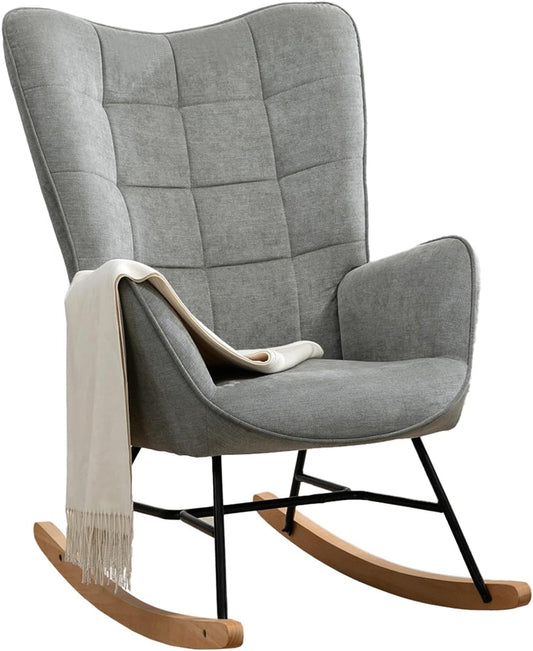 MEUBLE COSY Schommelstoelen, Scandinavische borstvoedingsschommelstoel Vrije tijds- en ruststoel van stof met E'-houten metalen poten voor woonkamer, slaapkamer, massief, donkergrijs, 66x84x97cm