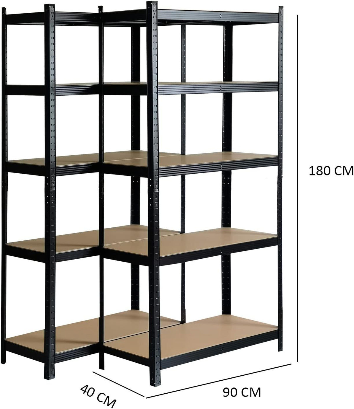 Set van 2 metalen rekken in set Hans Plus, 90 x 40 x 180 cm, met frame van zwart staal, met 5 verstelbare planken, belastbaar tot 875 kg, voor privé en professioneel gebruik