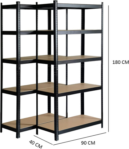 Set van 2 metalen rekken in set Hans Plus, 90 x 40 x 180 cm, met frame van zwart staal, met 5 verstelbare planken, belastbaar tot 875 kg, voor privé en professioneel gebruik