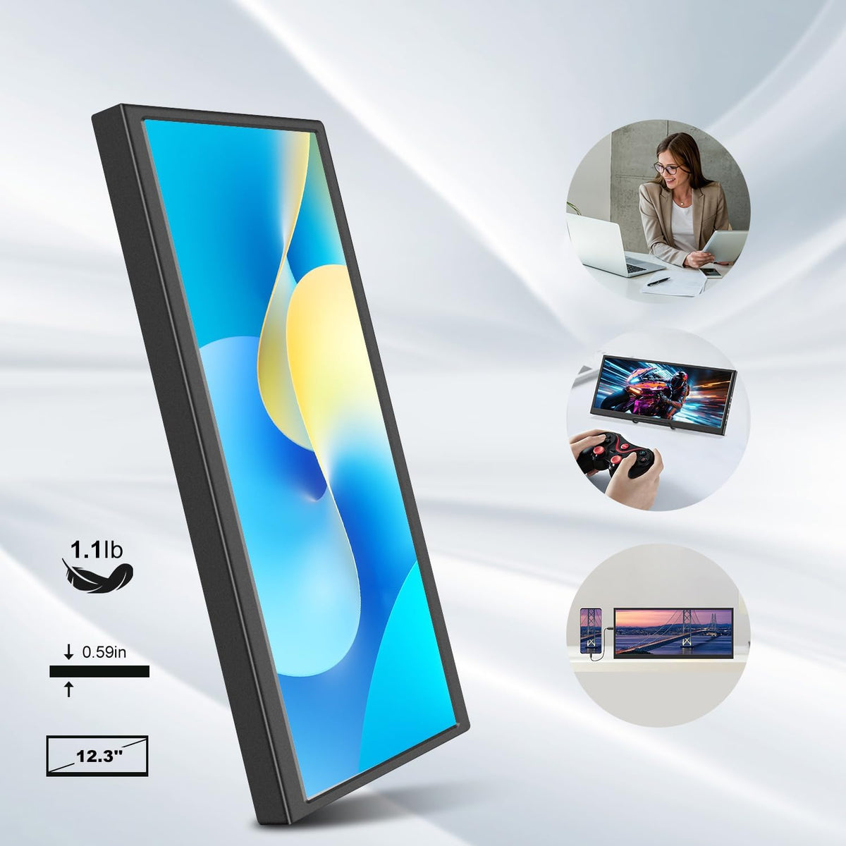 Prechen 12,3 inch draagbaar touchscreen secundaire monitor, mini HDMI, USBC, 1920 x 720 IPS Stretch Bar LCD Draagbaar Travel Touch Screen voor Laptop Computer Aida64 GPU CPU RAM Monitoring
