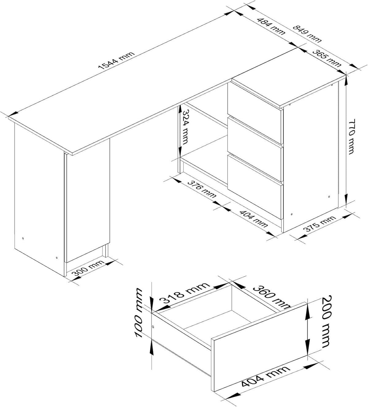 AKORD B-20 Corner Desk with 3 Drawers, 2 Shelves and a Door for Home and Office, 155 x 77 x 85 cm, 60 kg, White and Graphite Grey for - QUORE