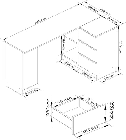 AKORD B-20 Corner Desk with 3 Drawers, 2 Shelves and a Door for Home and Office, 155 x 77 x 85 cm, 60 kg, White and Graphite Grey for - QUORE
