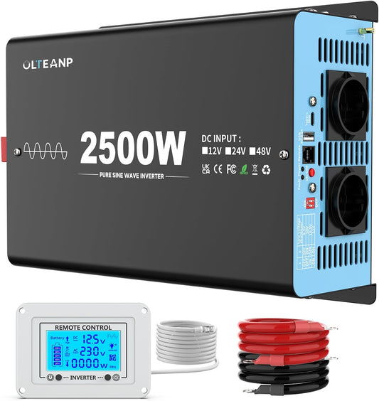 2500W Spanningsomvormer 12v naar 230v zuivere sinusomvormer -Vermogensomvormer met 2 AC-uitgangen, USB&Type-C-aansluiting, voor vrachtwagen, voertuig, afstandsbediening met LCD-scherm
