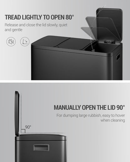 Hzuaneri Garbage Separation System for Kitchen, 3 Compartments, 45L (3 x 15 L), Stainless Steel Kitchen Waste Bin, Pedal Bin with Colour-Codable Pedals, Waste Bin, Quiet Slow Descent, Black