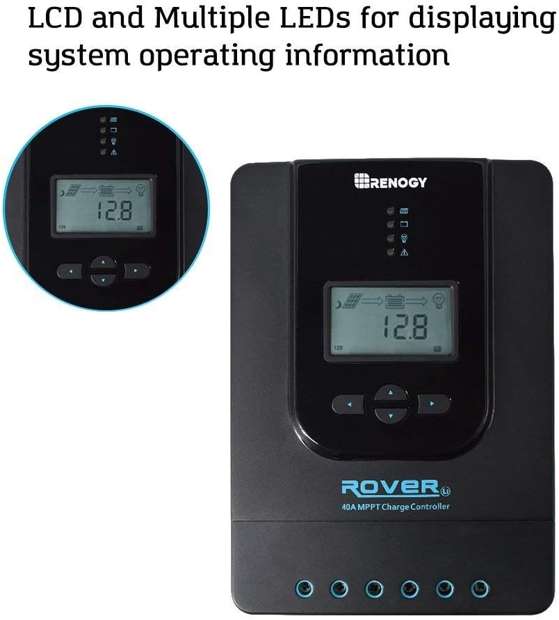 Renogy MPPT 40A 12/24 V MPPT zonne-laadregelaar Bluetooth zonne-laadregelaar met LCD-scherm, voor AGM, gel en lithium batterijen