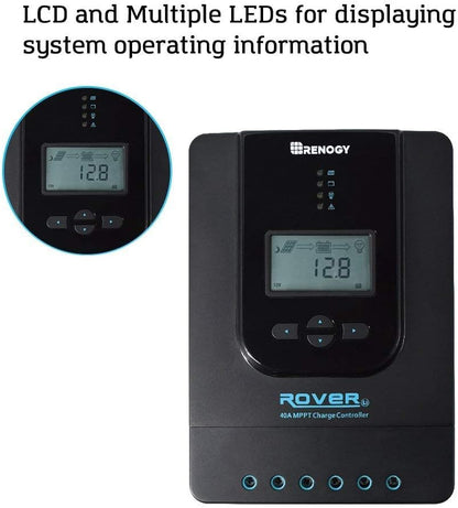 Renogy MPPT 40A 12/24 V MPPT zonne-laadregelaar Bluetooth zonne-laadregelaar met LCD-scherm, voor AGM, gel en lithium batterijen
