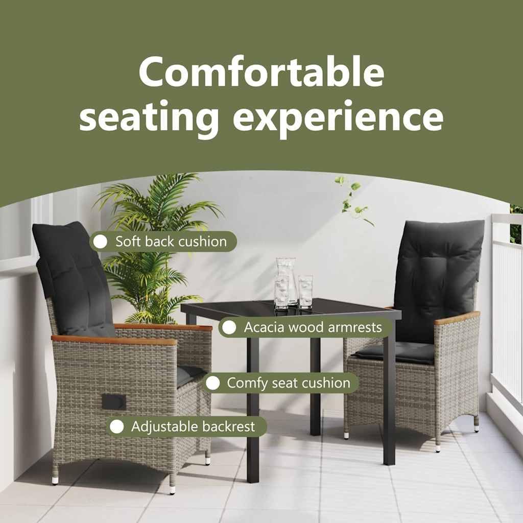 vidaXL Tuin Eetset met kussen 3 pcs Grijs Poly riet, Moderne buiten eettafel, weerbestendig tuinmeubilair, stijlvolle lounge, veelzijdig ontwerp - QUORE