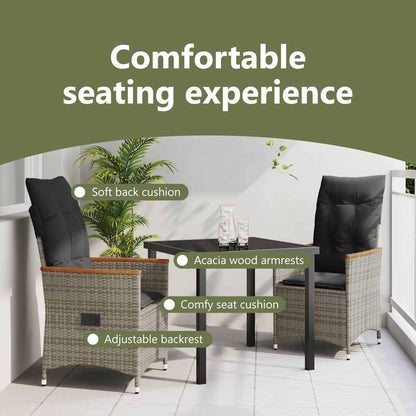 vidaXL Tuin Eetset met kussen 3 pcs Grijs Poly riet, Moderne buiten eettafel, weerbestendig tuinmeubilair, stijlvolle lounge, veelzijdig ontwerp - QUORE