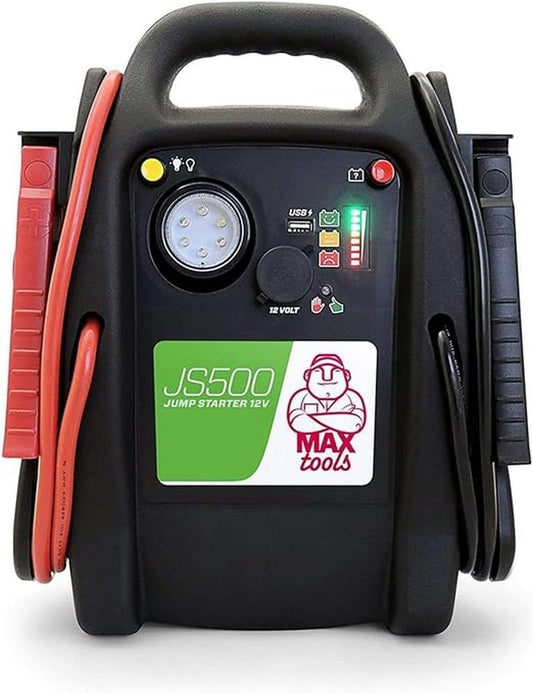 MAXTOOLS JS500 2200 A 22 Ah, noodstarter voor auto's en bestelwagens, 12V-diesel- en benzinemotoren, startstarter, met LED-zaklamp, USB-poort en startkabels