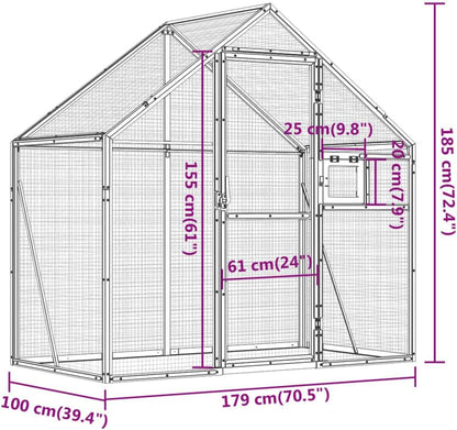 Aviary Bird Aviary, Outdoor Entrance for Bird Cage, Aviary, Chicken Coop with Lockable Door and Window, Silver, 179 x 100 x 185 cm, Aluminium