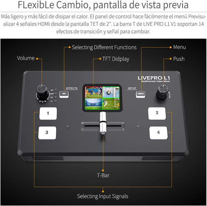 Feelworld LIVEPRO L1 V1 Multi Camera Video Mixer Switcher 4 x HDMI Inputs 2 Inch LCD Display USB 3.0 Camera Production Real Time Live Streaming Lightweight Heat Dissipation - QUORE