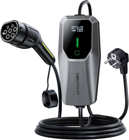 EV Oplader Type 2 – Elektrische Autolader – Oplaadkabel EV – Mobiele Laden – Laadstation 3,6 kW – Instelbare Stroom 8-16A – Waterdicht IP65 – 5 Meter Kabel met EU Schuko