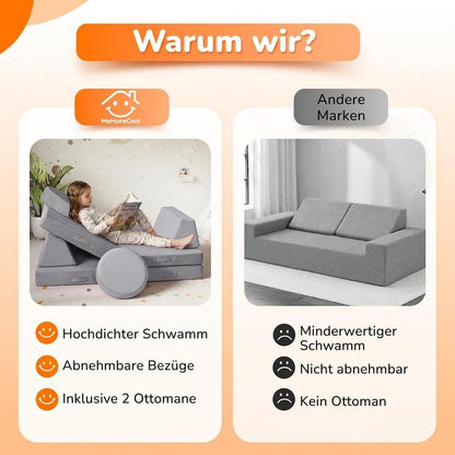 MeMoreCool Speelbank voor kinderen, Modulair fauteuilbank voor knuffelhoek kinderkamer, Slaapbank, 8-delig kinderbank speelset, Schuimbank met slaapfunctie voor meisjes jongens, Grijs