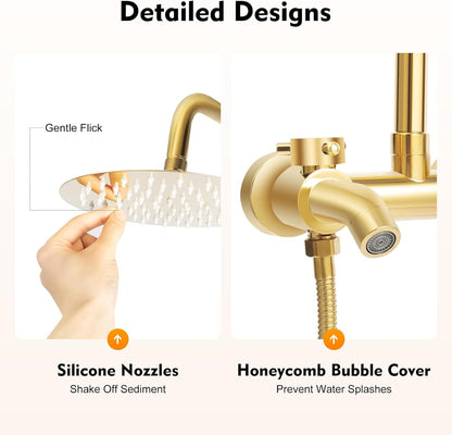 Douchesysteem Roestvrij Staal – Douche Set – Regendouche – Handdouche – Badkamer Paneel – Verstelbare Hoogte 80-117 cm – Gouden Kleur & 360° Draaibare Regendouchekop