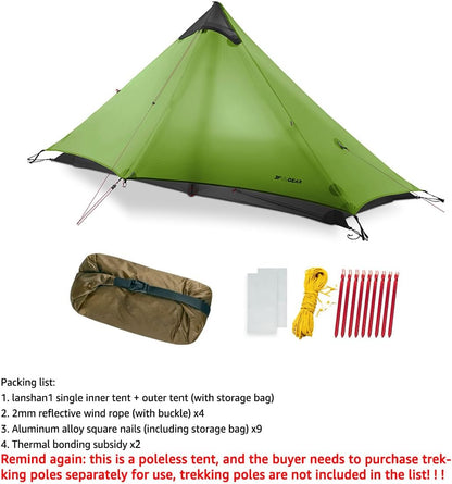 3F Lanshan1 Ultralichte tent 3/4 seizoenen draagbare backpacktent voor 1 persoon 15D siliconen gecoat waterdicht poleless dubbellaagse tent voor kamperen, klimmen, wandelen