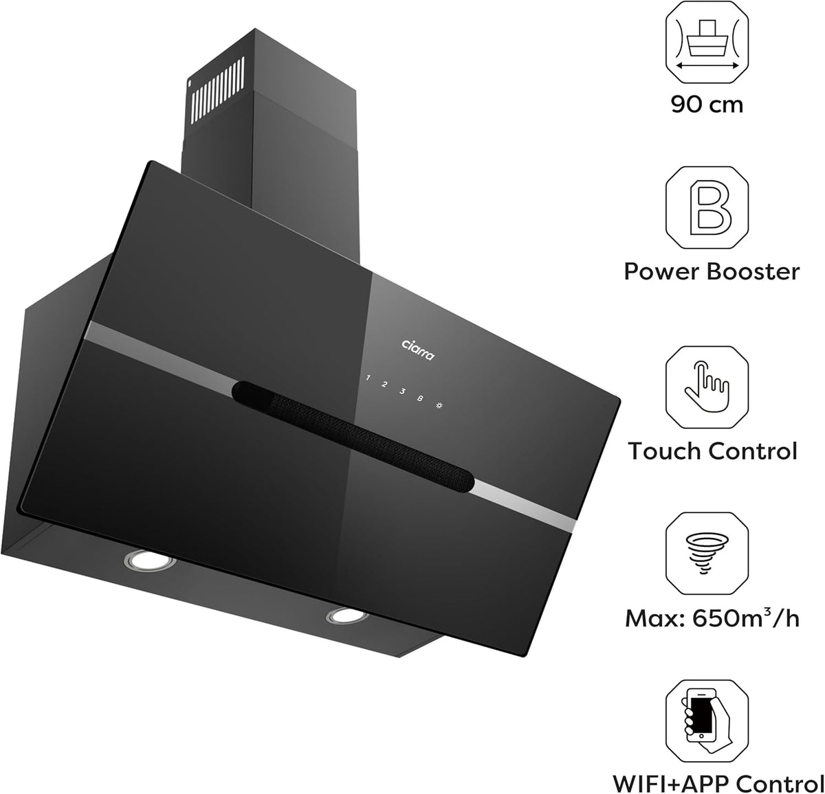 CIARRA CBCB9736F 90cm Schuine Afzuigkap, Recirculatie & Afvoer Wandmontage Schoorsteenkap met Touchbediening, 4 Snelheden, LED-verlichting[Energieklasse A+++]