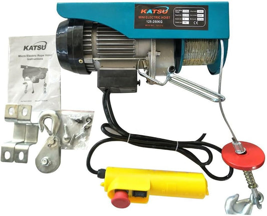 KATSU Elektrische takel, lift tot 250 kg, 550 W, elektrische lier met 18 m staaldraad en afstandsbediening, voor werkplaats, garage, autowinkel, daklift