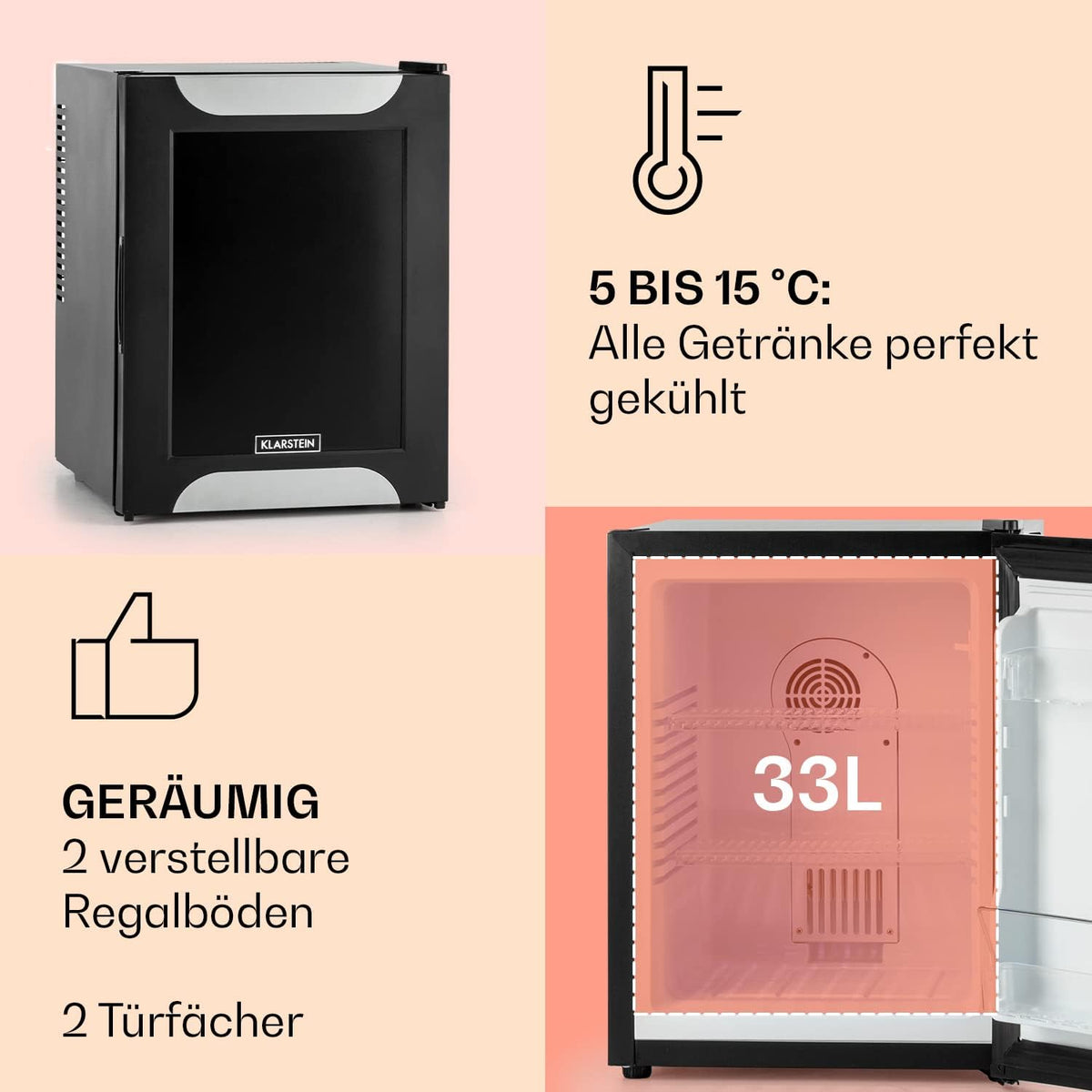 Minikoelkast – Minibar – Drankkoeler – Koelkastje – Kleine Koelkast – 32 Liter – Fluisterstil 33 dB – LED Binnenverlichting – 5-Traps Temperatuurregeling – Zwarte Decoratieve Deur